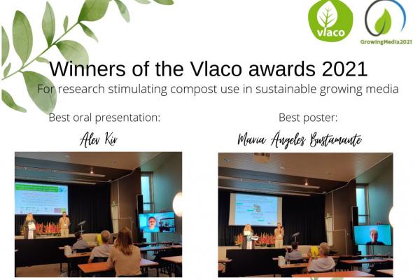 Alev Kir en María Ángeles Bustamante, slepen Vlaco-award in de wacht tijdens het Internationale Growing Media Symposium 2021 voor onderzoek dat het gebruik van compost in substraten bevordert!